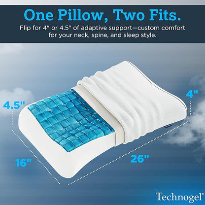Technogel Contour Pillow with Cooling Gel – Ergonomic Neck, Shoulder and Cervical Support – Memory Foam with Temperature Regulation – for Back, Side Sleeper - Dual Heights Design, (4" & 4.5")