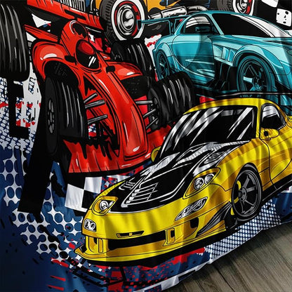 AILONEN Racing Car Comforter Set Queen Size, Cool Speed Race Car Bedding Sets for Kids Boys,Automobile Extreme Sport Duvet Set,Checkered Squares Quilt Set,3 Pieces,1 Quilt and 2 Pillowcases,Microfibre