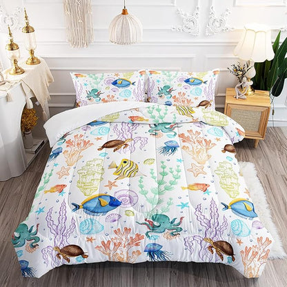 Turtle Comforter Set Full Ocean Watercolor Sea Turtle Bedding Set Tropical Fish Marine Life Bed Set with 2 Pillowcases for Kids Room Decor