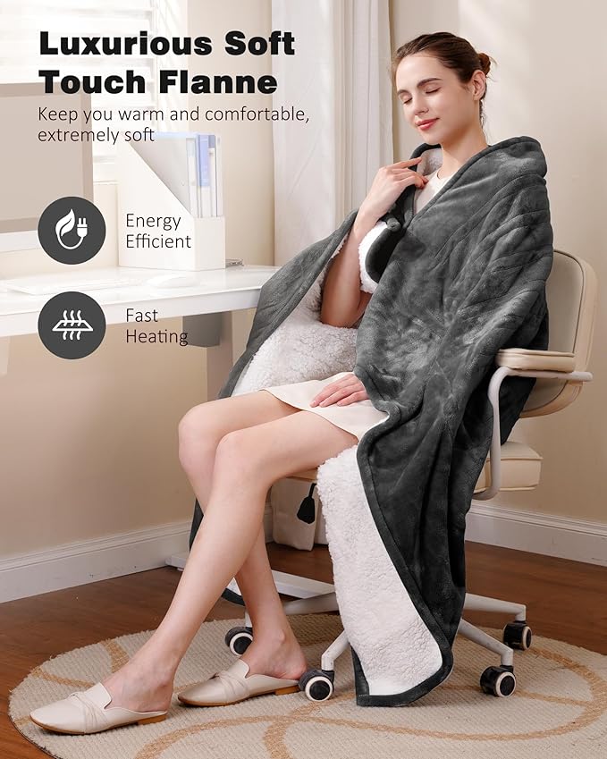 Heated Blanket Throw with 2 Wearable Buttons, Lux-Soft Flannel Sherpa Electric Blanket 9 Heat Levels & 1-10H Timer, 50"x60" Wearable Heated Throw Blanket, ETL Certified Machine Washable (Grey)
