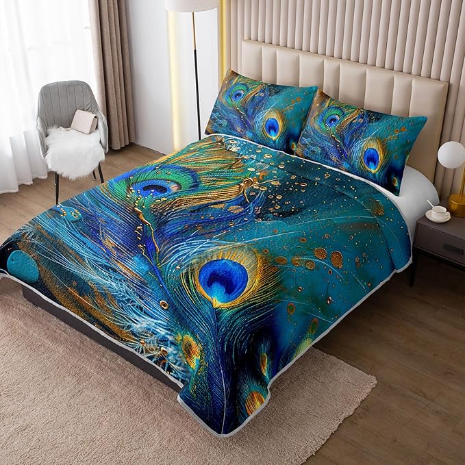 Blue Green Peacock Feathers Quilt Bedding Full 3Pcs Tropical Wild Animal Bed Set Tie-Dye Luxury Pattern Lightweight Bedspread Coverlet with 2 Pillowcases for Kid Boy Girl Teen Adult Room Decor