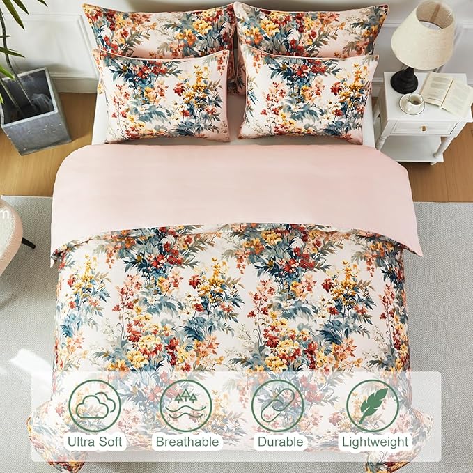 URBONUR Floral Duvet Cover Set Full Size 3 Pieces 100% Cotton Silky Sateen Wildflowers Comforter Cover with 2 Pillowcases Soft & Breathable Bedding Sets