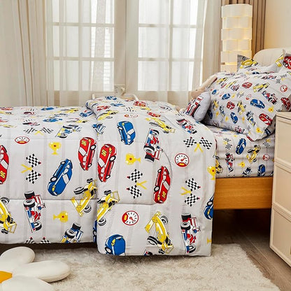Mooreeke Twin Size Comforter Sets for Boys Kids, 6 Pieces Bed in a Bag Racing Car Bedding Comforter Sheet Set with Shams and Decorative Toy Pillow, Ultral Soft Microfiber Kids Bed Set