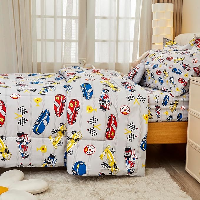 Mooreeke Full Size Comforter Sets for Boys Kids, 8 Pieces Bed in a Bag Racing Car Bedding Comforter Sheet Set with Shams and Decorative Toy Pillow, Ultral Soft Microfiber Kids Bed Set
