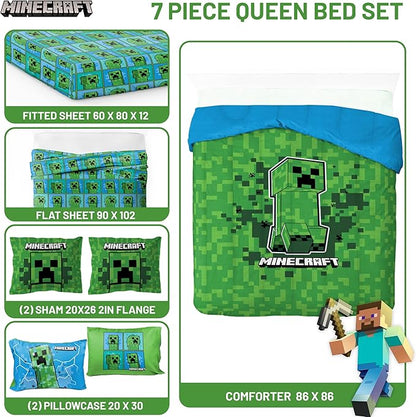 Jay Franco Kids Comforter Set Includes Sheets and Pillow Covers - Soft and Cozy Bed Set for Stylish Room Decor, Green - Minecraft Creeper, 7 Piece Queen Size Bedding