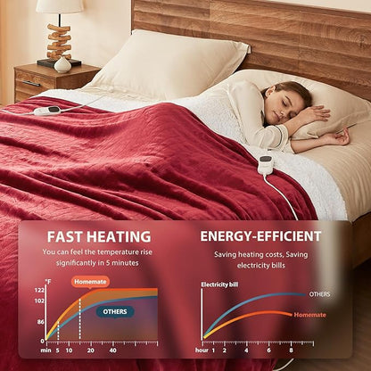 Homemate Electric Heated Blanket King Size - 100"x90" Heating Blanket King Size Dual Control 1/2/4/6/8 Hours Auto-Off 10 Heat Level Over-Heat Protection Flannel Sherpa ETL Certification