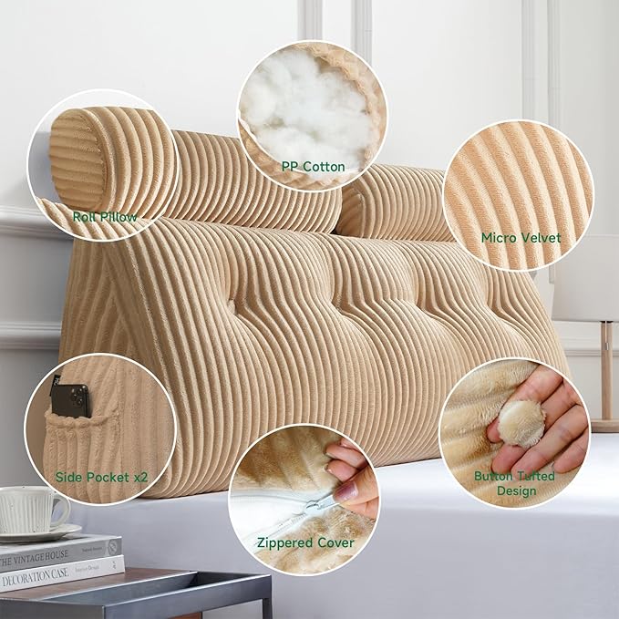 Z-hom Large Wedge Pillow Headboard, Twin Triangular Headboard Pillow, Reading Pillow Bed with a Roll Pillow for Bed Sitting Up Sleeping, Backrest Cushion Headboard Gap Pillow for Back,Beige