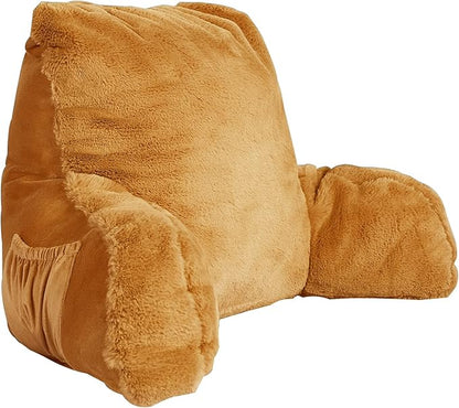 Home Soft Things Fox Faux Fur Bedrest Reading Pillow with Handle and Side Pocket, Backrest Armrest Pillow Back Support for Sitting up in Bed,20" x 18" x 17", Burnt Orange