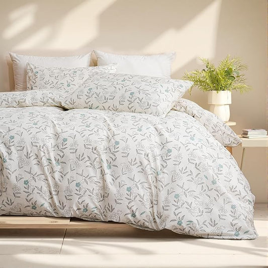100% Cotton Floral Duvet Cover Set Queen Size Ultra Soft Breathable Blue Floral Grey Leaves Bedding Set for Women with Zipper Closure 3 Pcs Chic Reversible Duvet Cover for All Season