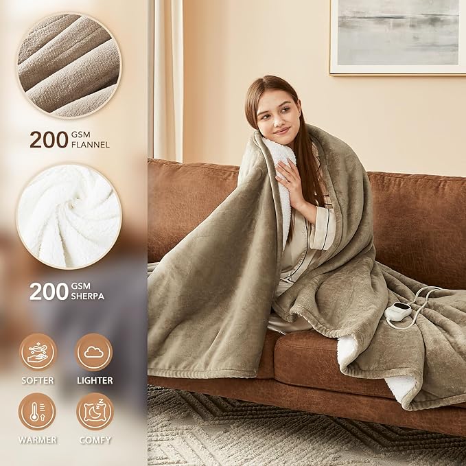 Homemate Heated Blanket Electric Throw - 50"x60" Heating Blanket Throw 1/2/4/6/8 Hours Auto-Off 10 Heat Level Over-Heat Protection Flannel Sherpa ETL Certification