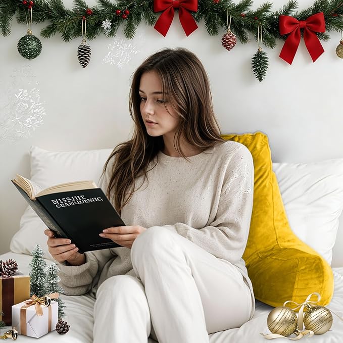 Reading Pillow for Sitting in Bed Adult, X-Large Reading Pillow with Shredded Memory Foam, Back Pillow for Sitting Up with Extend Arms, Pockets, Bed Pillow with Washable Cover, Yellow