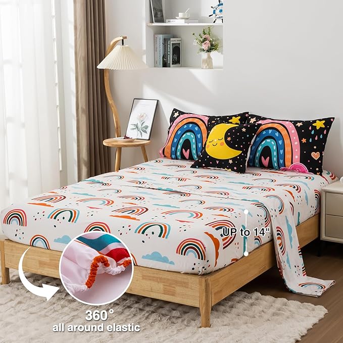 A Nice Night Bedding 6 Pcs Cartoon Rainbow Bedding Set with Smile Moon Printed for Boys Girls Bed Comforter Sets (Black, Full)