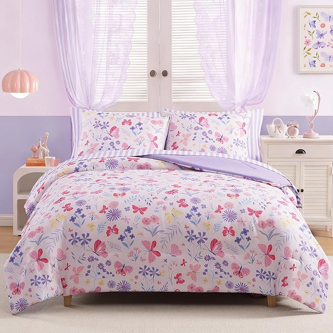 Full Size Comforter Sets for Girls, Butterfly Botanical Flowers Bedding Set, All Season Kids Bed in a Bag 7 Pieces with Sheets, Pillowcases & Shams