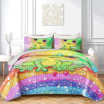 AILONEN Cartoon Frog Quilt King Size Bedding Set & 2 Pillowcases,Rainbow Bedspread Coverlet,3Pcs Kawaii Colorful Frog Quilt Set for Kids Boys Girls,All Season
