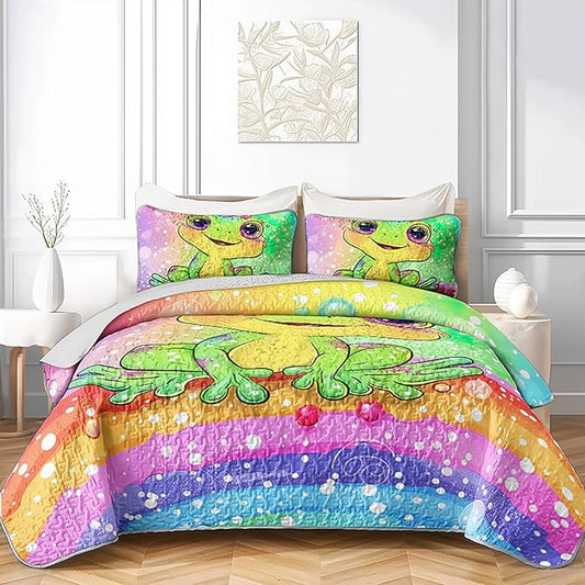 AILONEN Cartoon Frog Quilt King Size Bedding Set & 2 Pillowcases,Rainbow Bedspread Coverlet,3Pcs Kawaii Colorful Frog Quilt Set for Kids Boys Girls,All Season