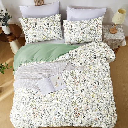 Green Botanical Floral Duvet Cover Set Full Size Reversible 3 Pieces Soft Microfiber Sage Green Comforter Cover with Zipper Ties for Men Women