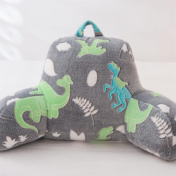 Aimuan Reading Pillow Glow in The Dark Bed Rest Wedge Kids Glow Backrest Pillow Dinosaur Print with Arms Back Support for Sitting Up in Bed Cushion, Green-Blue