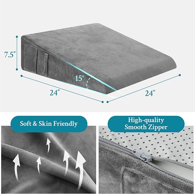 Wedge Pillow for Sleeping, 7.5" Bed Wedge Pillow for After Surgery, Triangle Pillow Wedge for Heartburn, Acid Reflux, GERD, Back Pain Relief, Neck Pain, Soft & Cooling Memory Foam Top