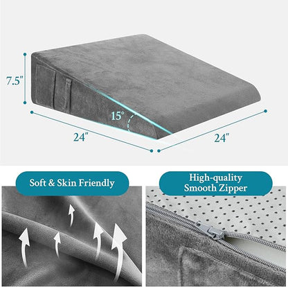 Wedge Pillow for Sleeping, 7.5" Bed Wedge Pillow for After Surgery, Triangle Pillow Wedge for Heartburn, Acid Reflux, GERD, Back Pain Relief, Neck Pain, Soft & Cooling Memory Foam Top