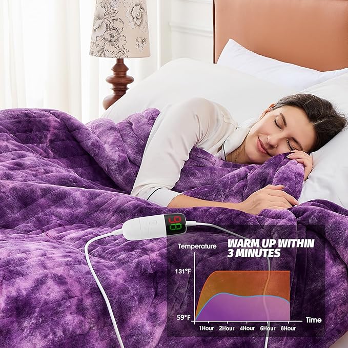 greenoak Heated Electric Blanket Throw, Faux Fur Sherpa Heating Blanket for Sofa Bed, Warm Winter Gifts for Women/Her, Heater Lap Blankets 5-Position Timer &10 Heating Levels 84''*90" Purple
