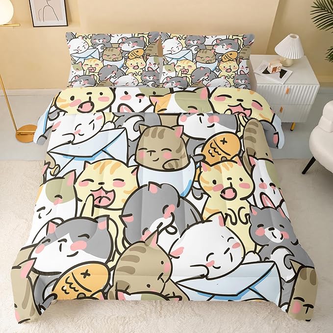 QOOMO Kawaii Cat Comforter Twin Size,Cute Cat Comforter Set for Kids Teens Girls,3Pcs Bedding Set Printed Comforter with 2 Pillowcases,Down Alternative,Soft and Lightweight，Twin Size