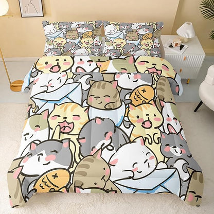 QOOMO Kawaii Cat Comforter Queen Size,Cute Cat Comforter Set for Kids Teens Girls,3Pcs Bedding Set Printed Comforter with 2 Pillowcases,Down Alternative,Soft and Lightweight，Queen Size