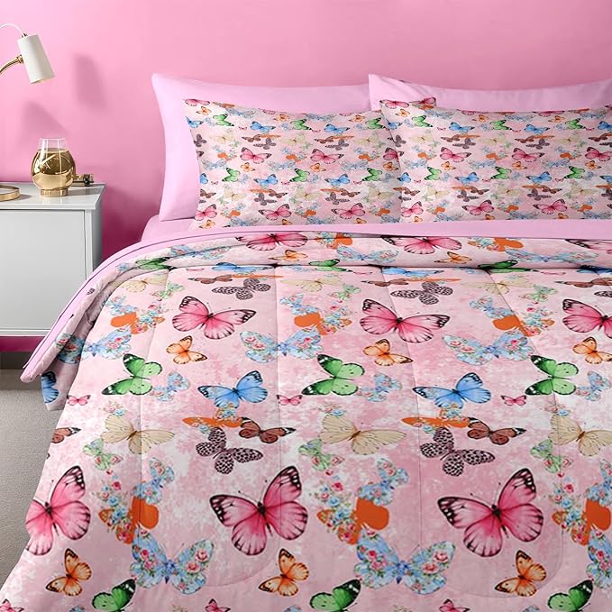 Nesker 5 Pcs Comforter Set Twin Size, Colorful Butterfly Bedding for Kids Teen, Cute Butterflies Bed Sheet with Pillowcase & Sham