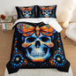Gothic Skull Comforter Set Full Size - Blue Orange Granular Ball Butterfly Printed Bedding With 2 Pillowcases - Halloween Horror Themed for Kids
