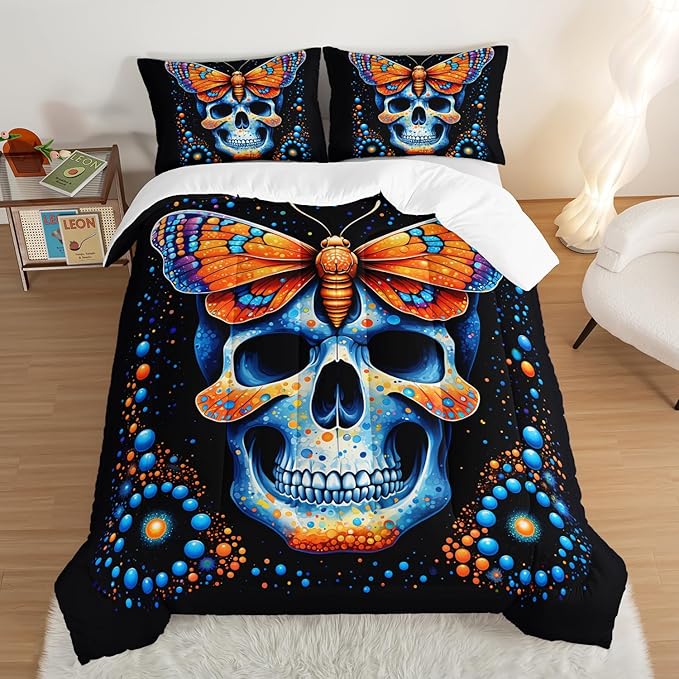 Gothic Skull Comforter Set, King Size, Blue Orange Granular Ball Butterfly Printed Bedding, Halloween Horror Themed, Gothic Bedding with 2 Pillowcases
