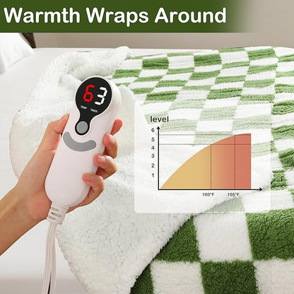 Electric Heated Blanket Full Size 72"×84" with 6 Heating Levels & 1-10Hs Auto Off, Checkered Plaid Heating Blanket Double Sided Sherpa, Fast Heating, Machine Washable for Christmas Gift Light Green