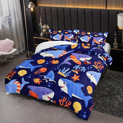 Kawaii Swimming Shark Themed Comforter 3Pcs Full Deep Blue Ocean Sea Animal Coral Bedding Set for Kid Teen Girl Boy Adult Fish Starfish Shell Quilt Bed Decor with 1 Comforter and 2 Pillowcases