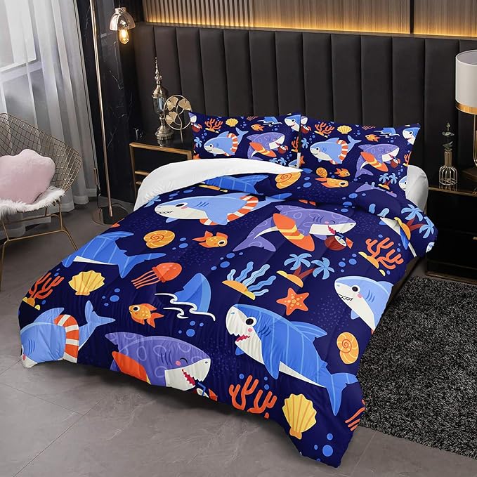 Kawaii Swimming Shark Themed Comforter 3Pcs Queen Deep Blue Ocean Sea Animal Coral Bedding Set for Kid Teen Girl Boy Adult Fish Starfish Shell Quilt Bed Decor with 1 Comforter and 2 Pillowcases