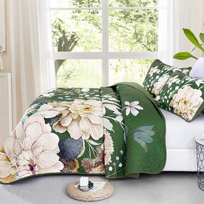 Drucon Floral Quilt Queen Size - 3 Pieces Green Quilt Botanical Bedspread Soft Lightweight Flower Bedding Set for All Season (96"x90")