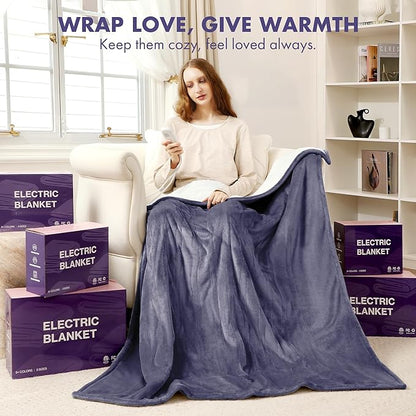 Heated Blanket Throw 50" x 60" - Soft Flannel Sherpa Electric Blanket Throw with 5 Heating Levels & 4 Hours Auto Off, Machine Washable, Ideal Gift for Grandma (Purple)