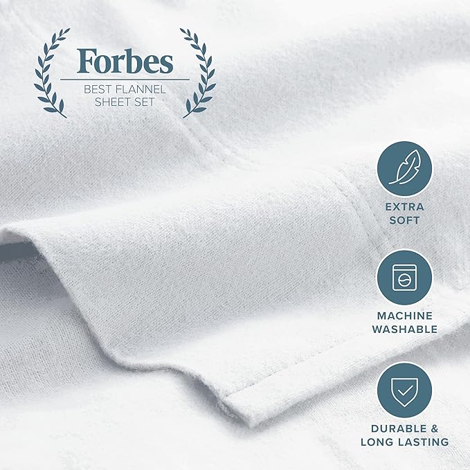 Bare Home Flannel Sheet Set 100% Cotton, Velvety Soft Heavyweight - Double Brushed Flannel - Deep Pocket (King, White)