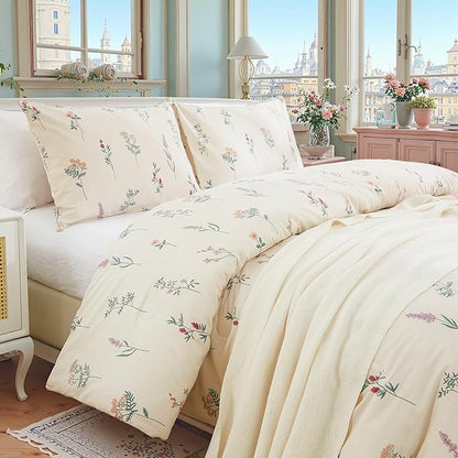 Cream Duvet Cover Set Full Size 100% Washed Cotton Linen Like Textured Comforter Cover 3 Pcs Luxury Soft and Breathable Floral Duvet Cover with Zipper Closure