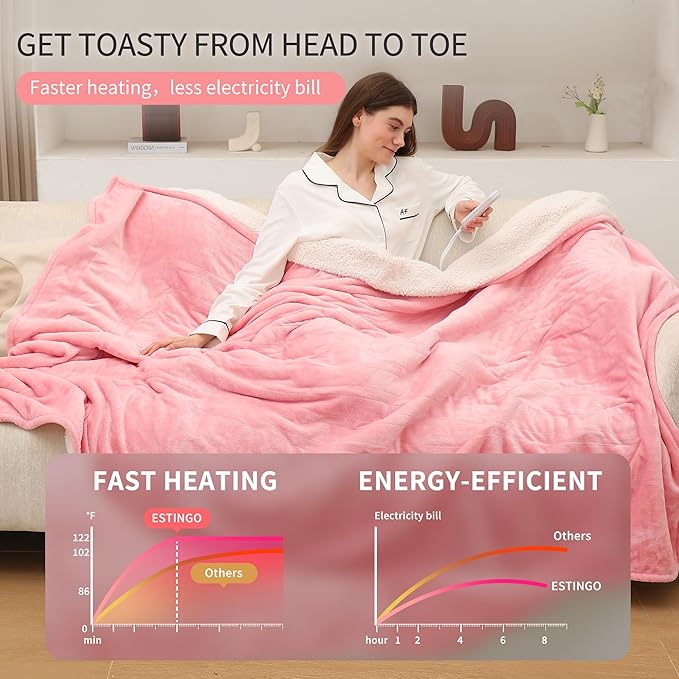 ESTINGO Twin Heated Blanket, 62"x84" Electric Blanket Twin Size with ETL & FCC Certification, Fast Heating Blanket with 5 temperatures & 10 Hours Auto Off, Machine Washable, Pale Pink