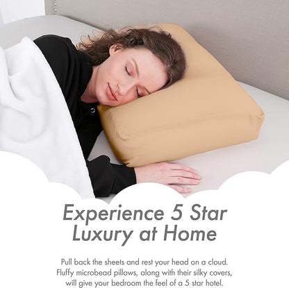 PILLOWY Premium Microbead Bed Pillow, X-Large Extra Fluffy But Supportive - Ultra Comfortable Sleep with Silk Like Anti Aging Cover 85% Spandex/ 15% Nylon Breathable, Cooling Barely Beige