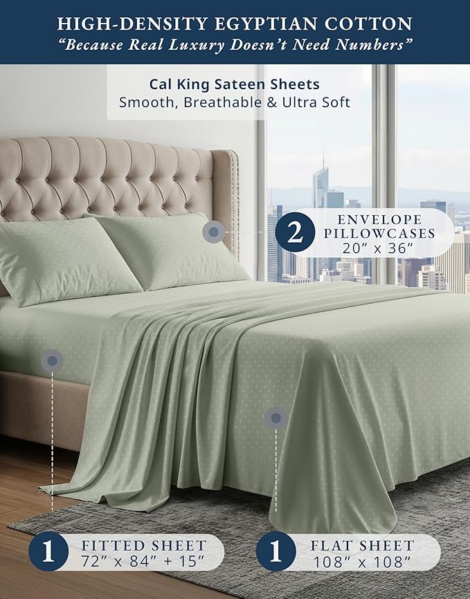 LANE LINEN 100% Egyptian Cotton Bed Sheets - 4PC Calking Sheets Set, Long Staple Cotton Bedding Sheet, Luxury Hotel Sheet Fits Upto 15" Mattress, Swiss Dot - Mineral