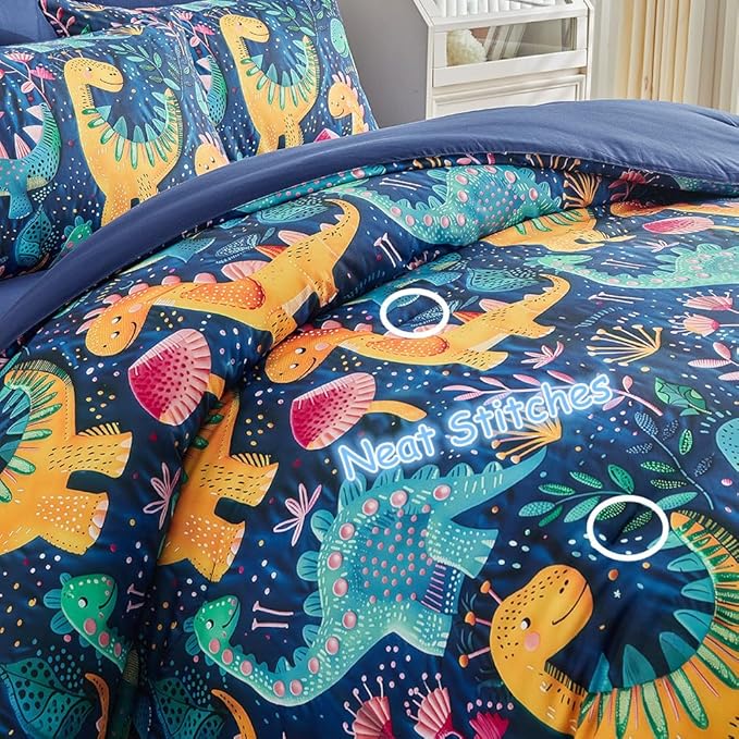 Kids Twin Comforter Set for Boys and Girls, 3pcs Dinosaur Comforter with 2 Pillowcases, Floral Dino Twin Bedding Set for Kids Teens Washable Super Soft Microfiber for All Season, Blue