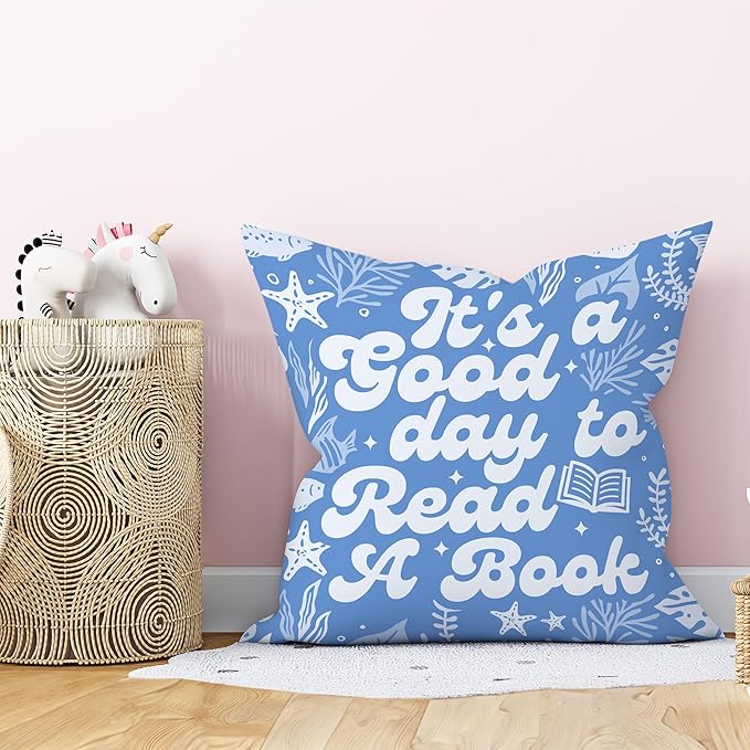 Blue It's A Good Day to Read A Book Classroom Throw Pillow Covers, Sea Coastal Reading Kids Pillows Covers, Ocean Beach Summer Pillow Cases Decor for Library Reading Nook Corner Couch 18x18in