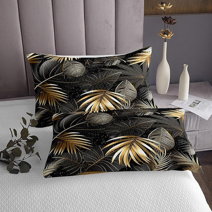 Erosebridal Palm Leaves Coverlet Set Twin Size,Tropical Bedspread for Teens Child Young,Botanical Jungle Bedding Set,Plant Tree Leaf Weed Decor Quilt Set Pastoral Style Bedroom Decor Gold Gray Black