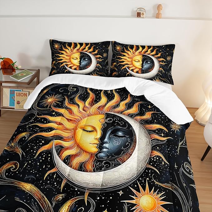 Sun and Moon Bedding Set Twin Size,Yellow Galaxy Celestial Bedding for Kids Boys Girls Teens Room Boho Decor,Black and Yellow Fluffy Comforter Sets with 2 Pillowcases.