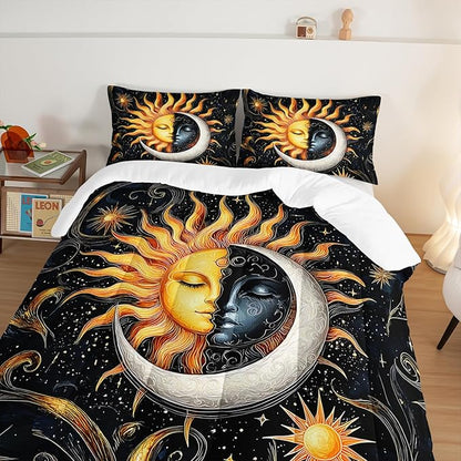 Sun and Moon Bedding Set Full Size,Yellow Galaxy Celestial Bedding for Kids Boys Girls Teens Room Boho Decor,Black and Yellow Fluffy Comforter Sets with 2 Pillowcases.