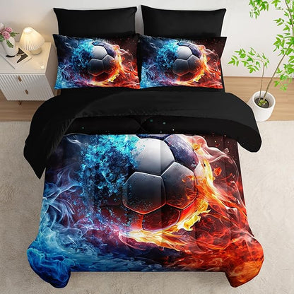 Soccer Print Comforter 7Pcs Gaming Sport Soccer Bedding Set for Kid Teen Girl Boy Adult Ball Sports Games Ice Fire Football Quilt Bed Set Queen with 2 Sheets,2 Pillowcases,2 Throw Pillow Covers