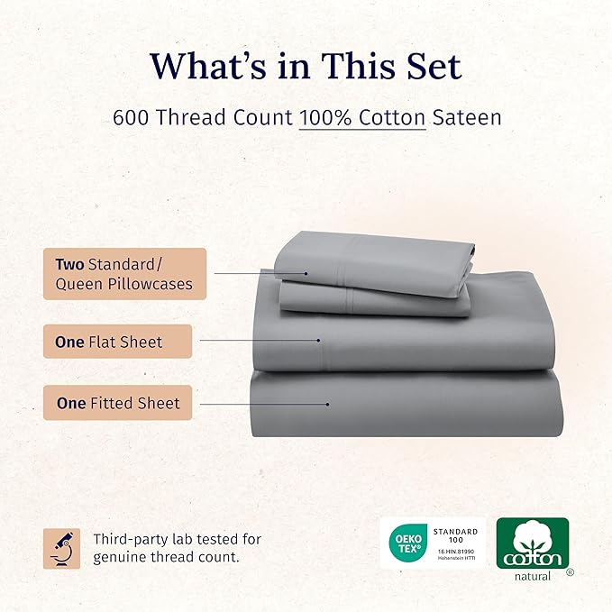 California Design Den - Luxury Full Size Sheet Set - 100% Cotton, 600 Thread Count Deep Pocket Full Size Bed Sheets, Hotel-Quality Cooling Sheets with Sateen Weave - Mist Grey