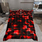 Castle Fairy Abstract Bedding Set King Size for Teens,3D Modern Cool Geometric Grid Square Comforter Cover with 2 Pillowcases,Shiny Red Neon Light Black Duvet Cover Set Microfiber Quilt Cover