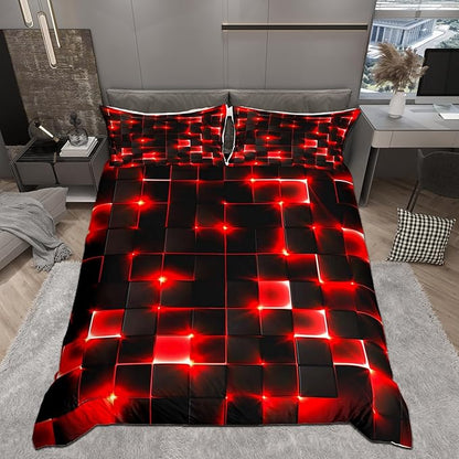 Castle Fairy Abstract Duvet Cover Queen Size,3D Modern Cool Geometric Grid Square Duvet Cover Set for Children Adult,Shiny Red Neon Light Black Soft Comforter Cover for Dorm Room, Zipper, Ties