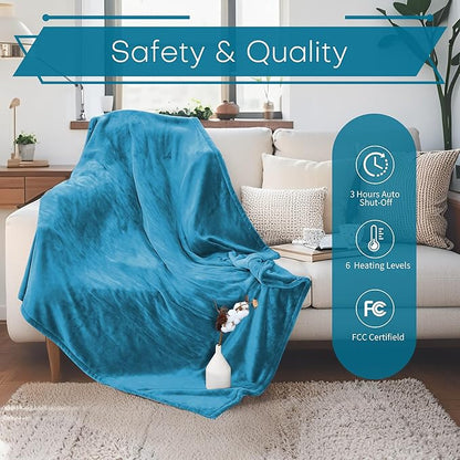 LUXIAN Electric Heated Blanket Twin Size 62"x84" - Flannel & Sherpa Fabric Dual-Sided, 6 Heat Settings & 1-10 Hours Auto Off, Machine Washable, Tile Blue