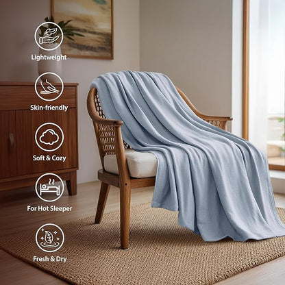 Queen Size Blanket, 70% Rayon (Derived from Bamboo) and 30% Cotton, Lightweight Jacquard Weave, Breathable and Soft Summer Blanket for Bed or Couch, 90” x 90”, Light Blue